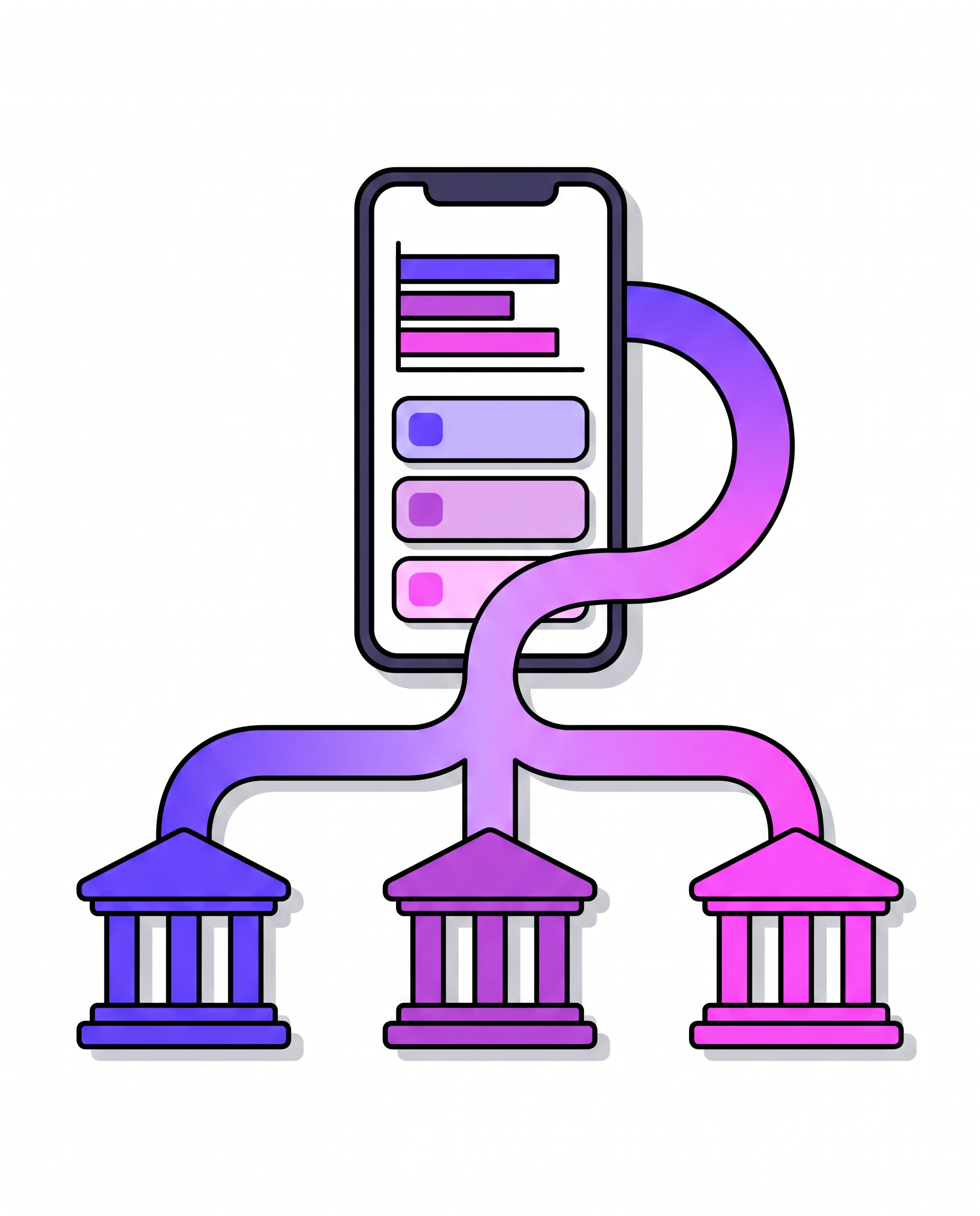 Illustration of a smartphone showing a consolidated finance dashboard connected securely to bank icons, representing India's Account Aggregator framework