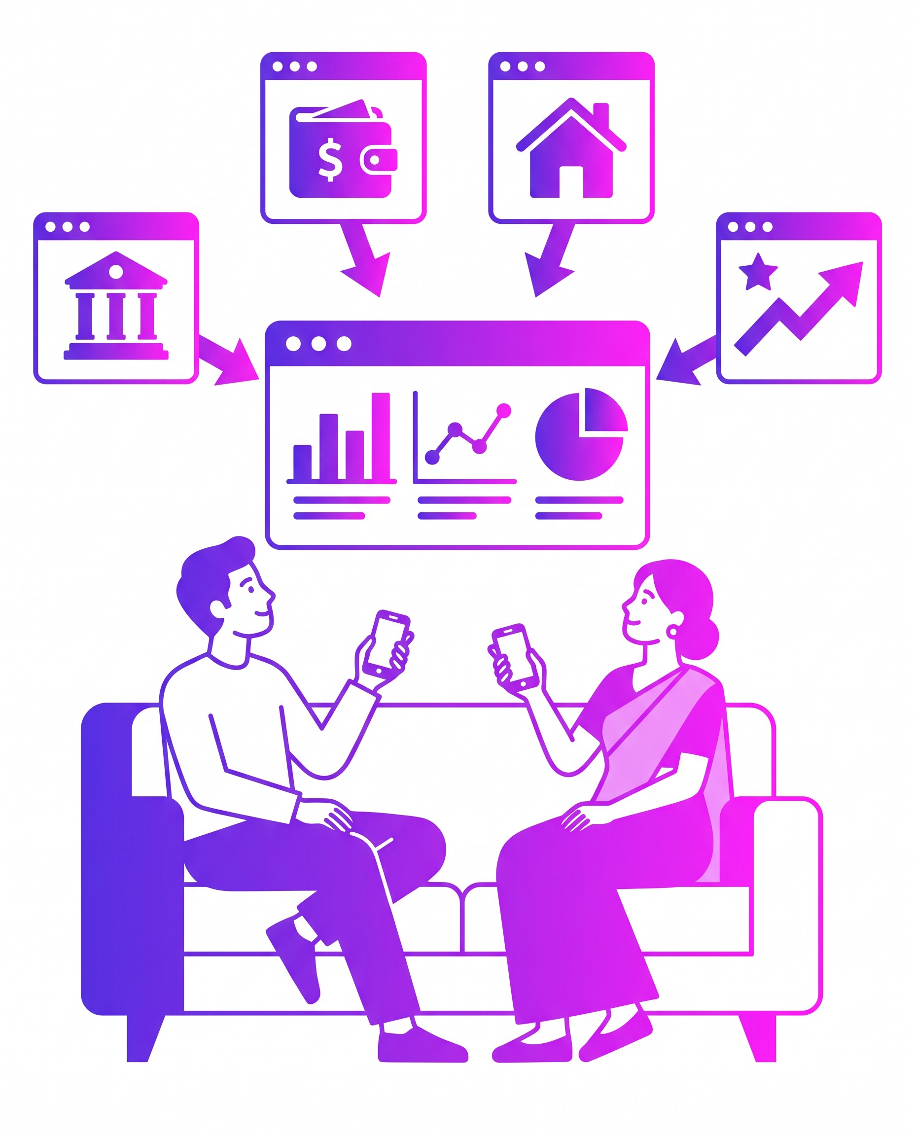 An Indian couple sitting on a sofa with their phones, looking at a single dashboard that four separate investment app windows feed into.
