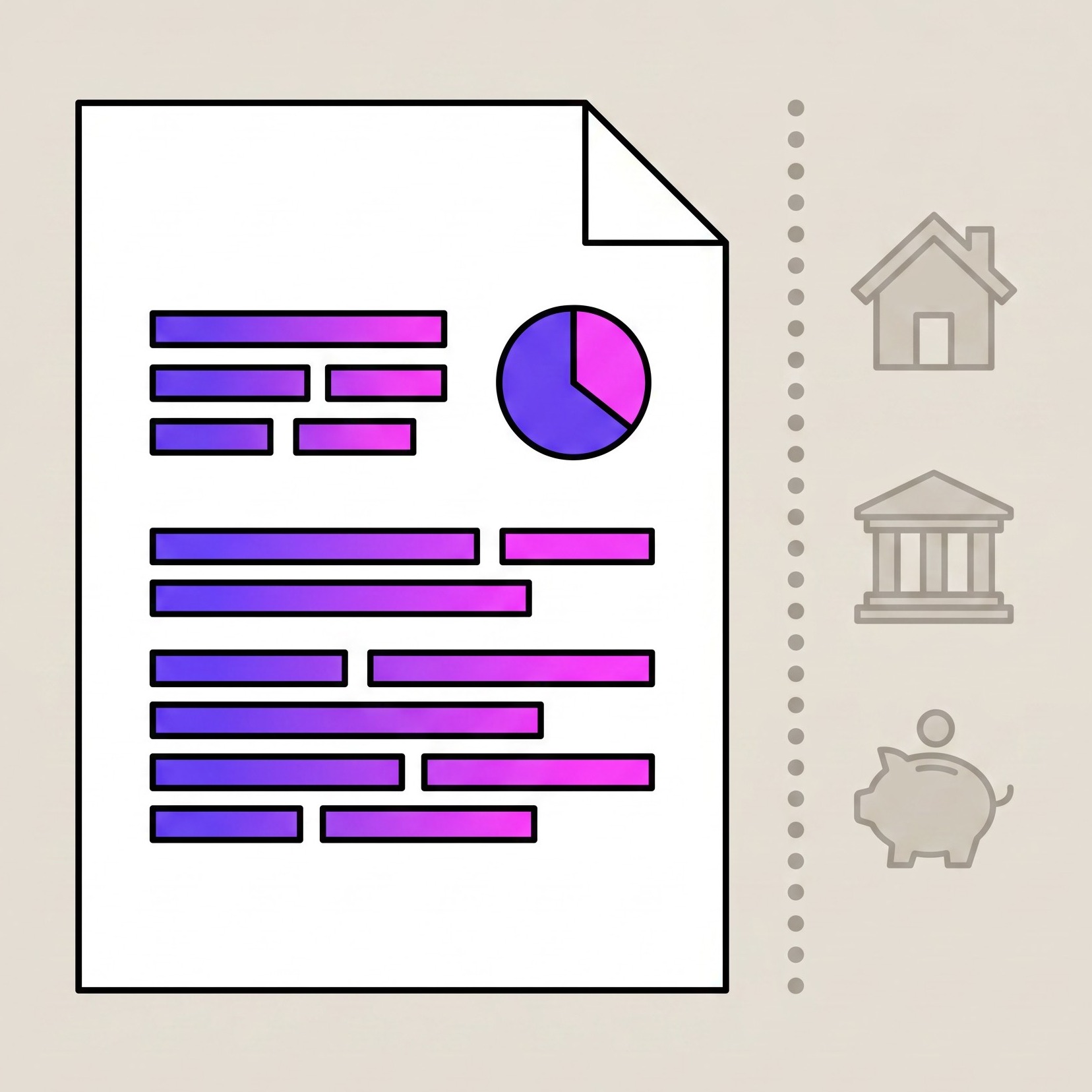 A statement document with purple and pink data rows on one side of a dotted line, and greyed-out icons of a house, a bank and a piggy bank on the other, showing what a CAS does not cover.