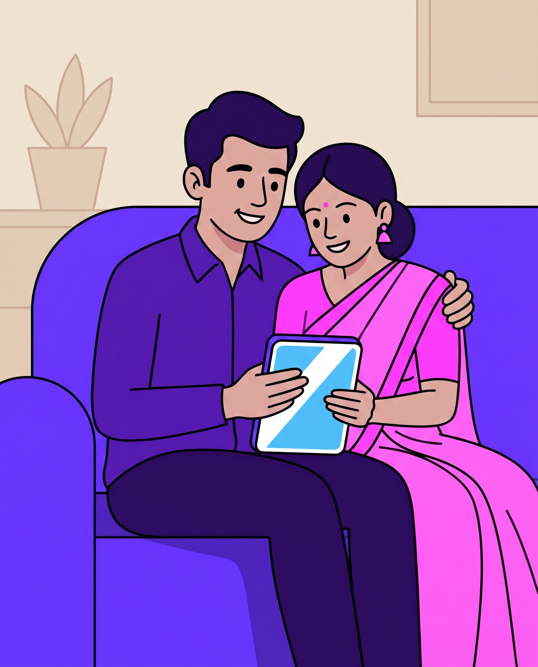 An Indian couple reviewing their family's finances together on a phone at home