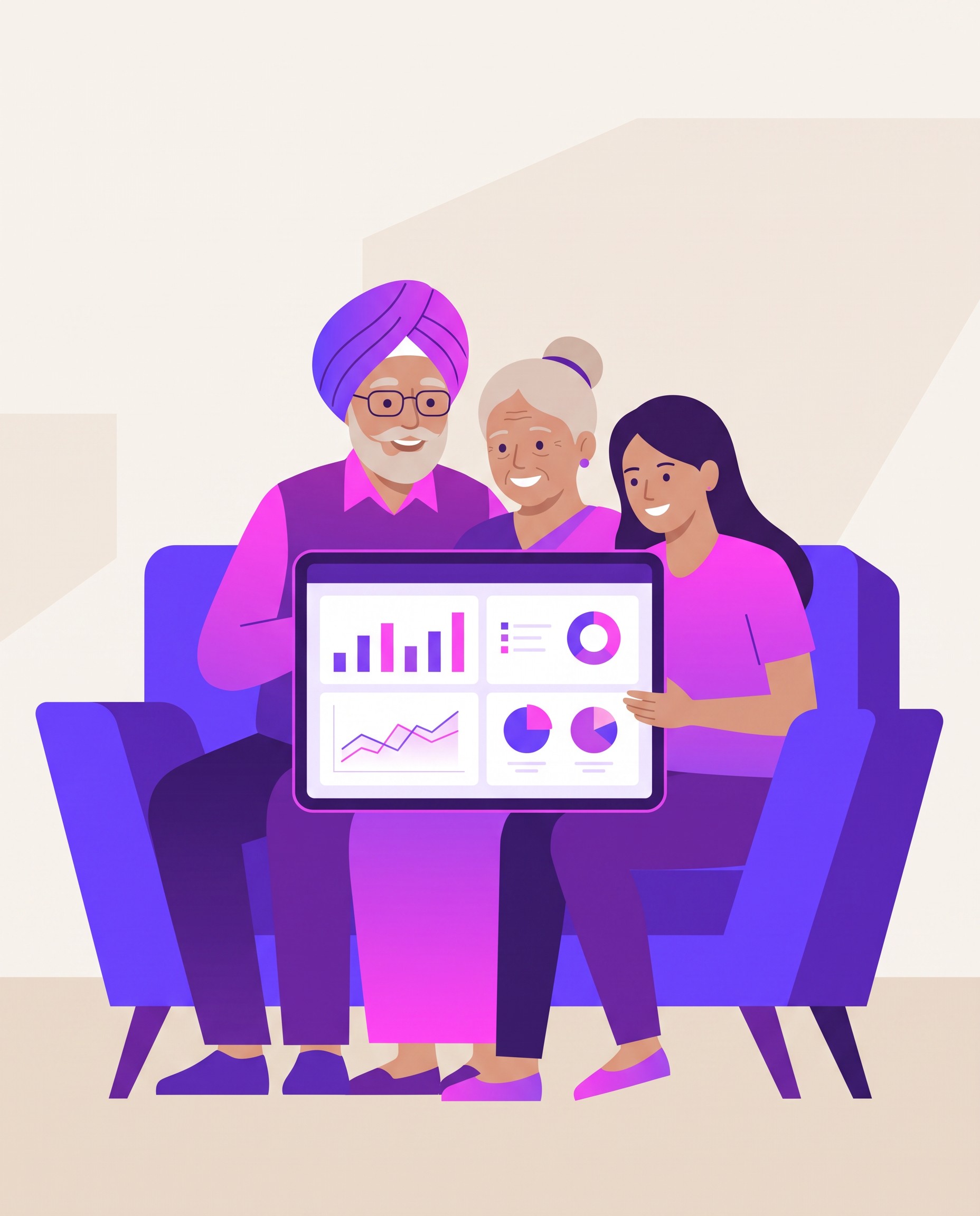 A multi-generational Indian family looking at their shared financial picture together