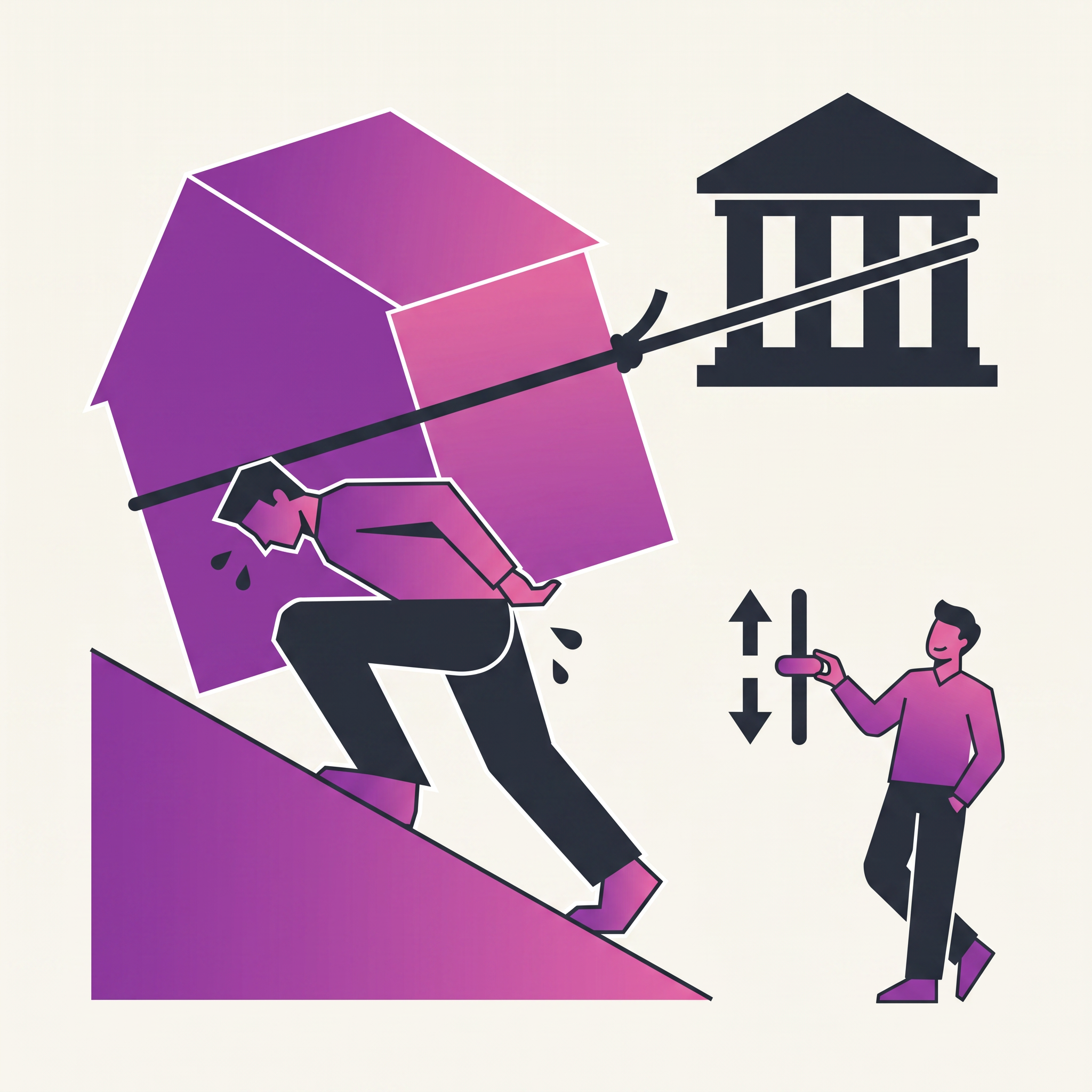 EMI leverage - person straining to carry house roped to bank vs relaxed SIP slider