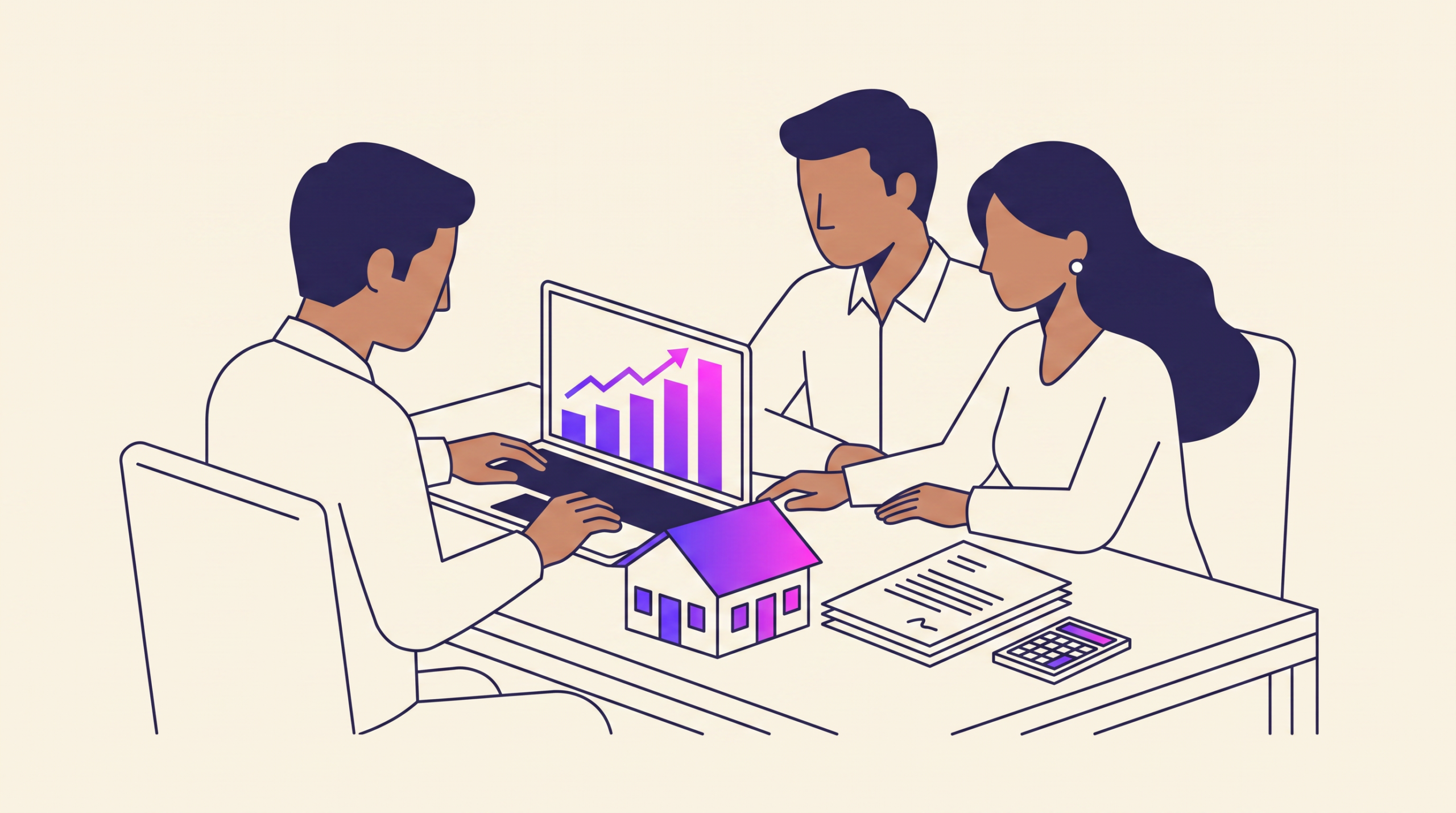 Couple comparing house model and SIP growth chart on laptop