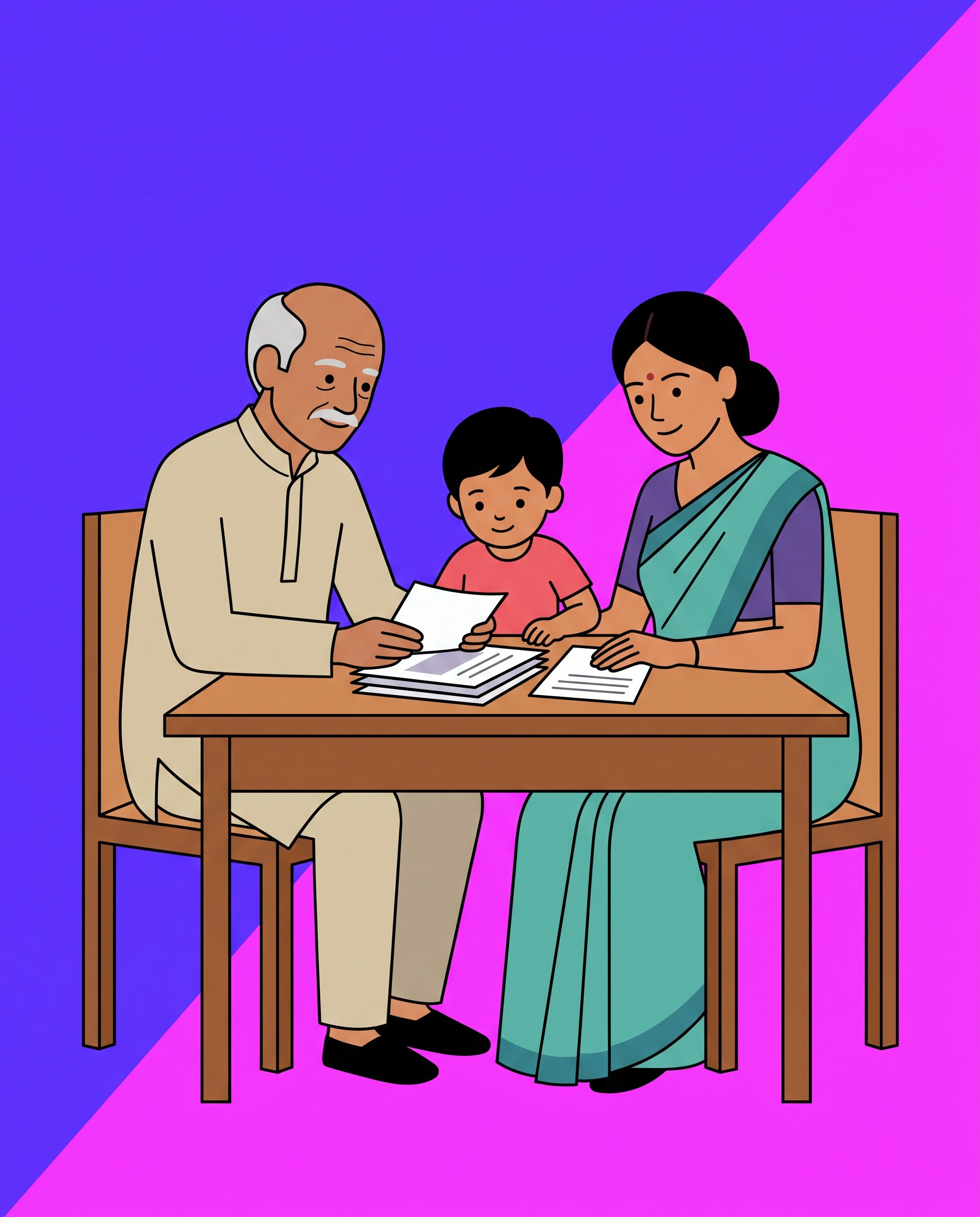 A multi-generational Indian family reviewing documents together, illustrated in Famli's purple-to-pink brand gradient